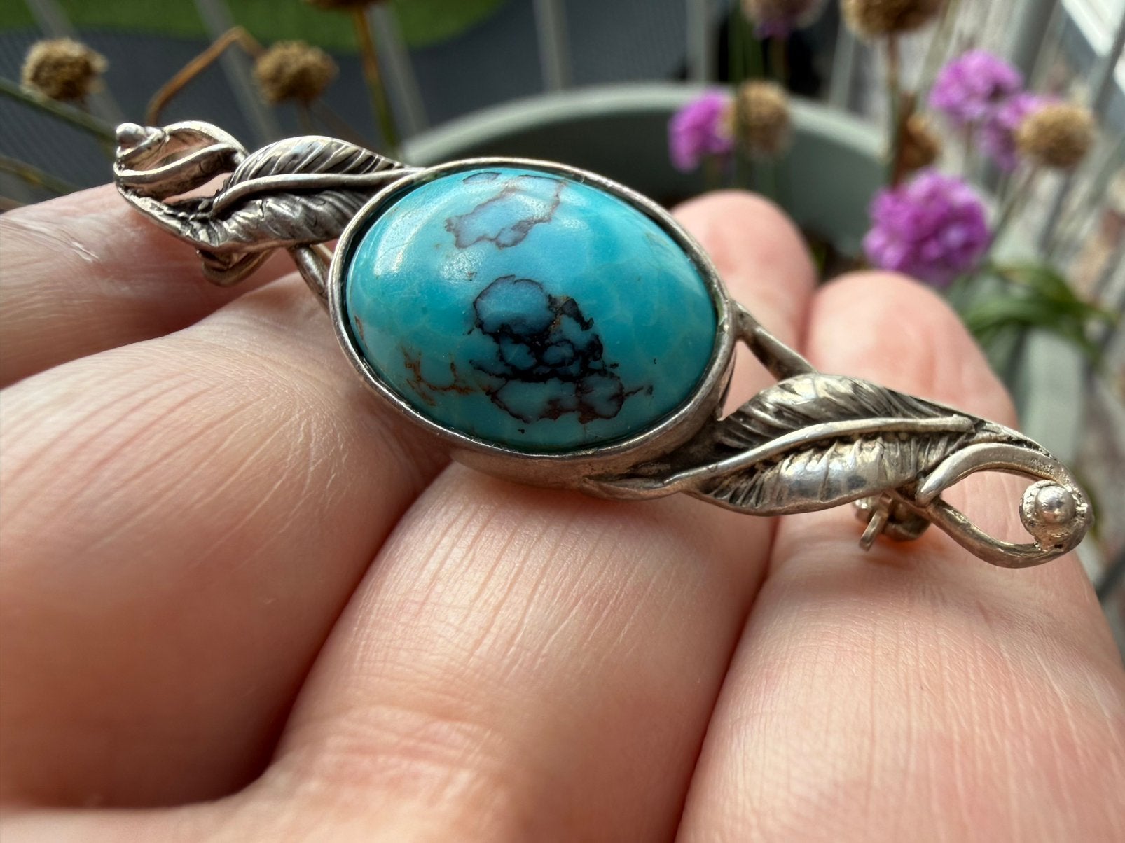 R374/Zilveren ( NAVAJO) Broche met Turkooizen Steen, 4 tot 7 cm, Gebruikt, Verzenden, X