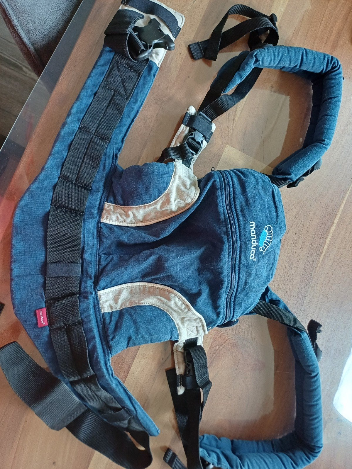 Manduca draagzak blauw/beige, Gebruikt, Buik of Rug, Draagzak, Ophalen