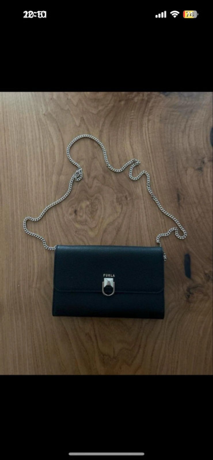 Furla zwarte schoudertas met zilveren ketting, Ophalen of Verzenden, Zo goed als nieuw, Zwart, Schoudertasje
