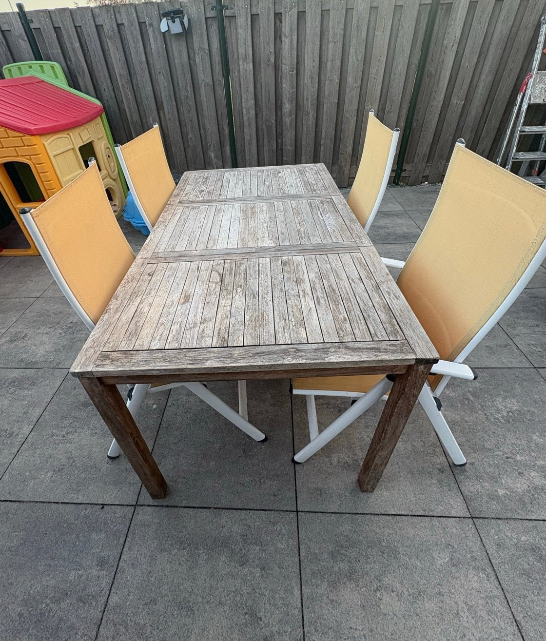 Tuinset: Teakhouten tafel met 4 Sombrero stoelen, Ophalen, Gebruikt, Rechthoekig, Teakhout