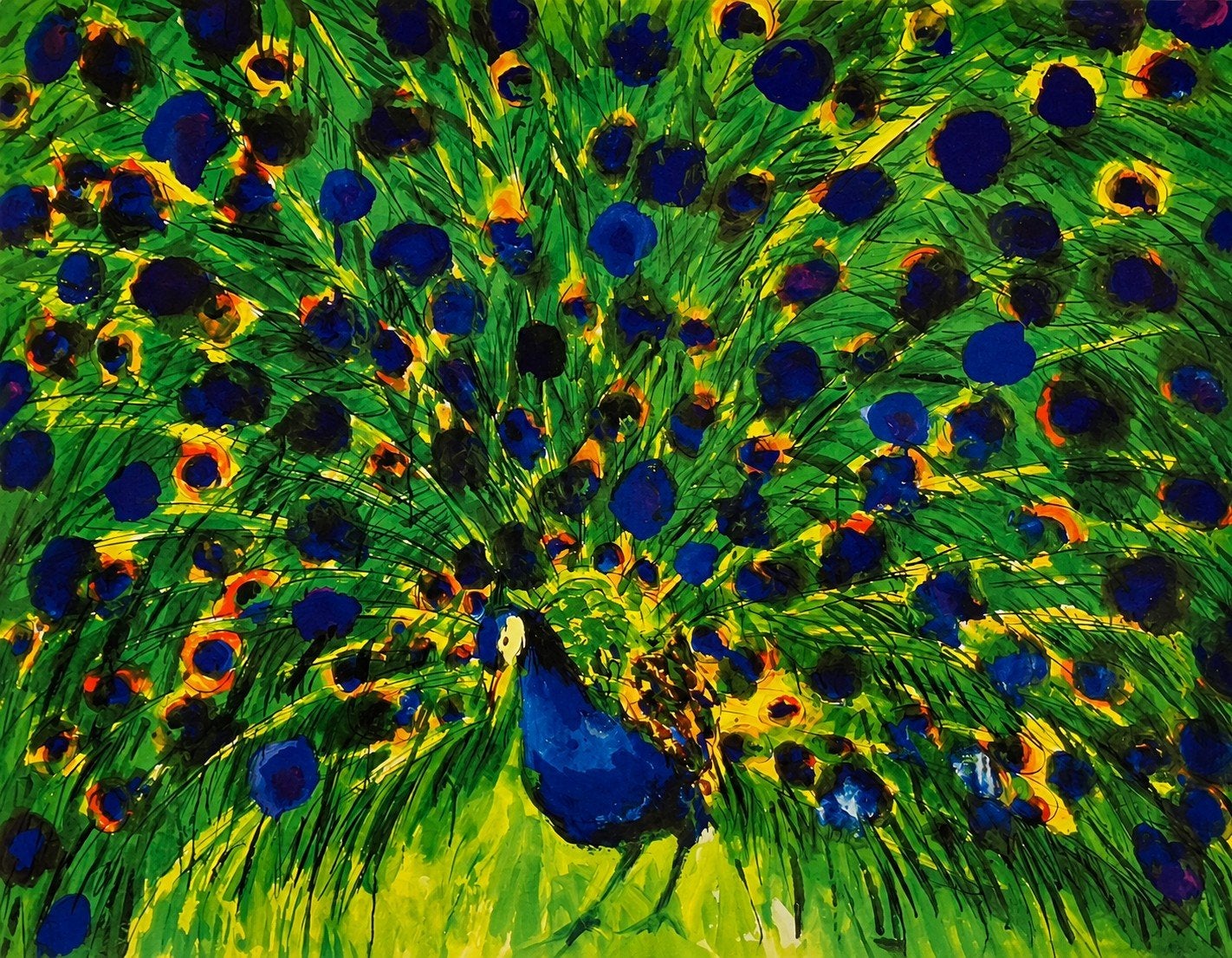 Levendig Pauw Schilderij - Expressief en Kleurrijk, Ophalen of Verzenden