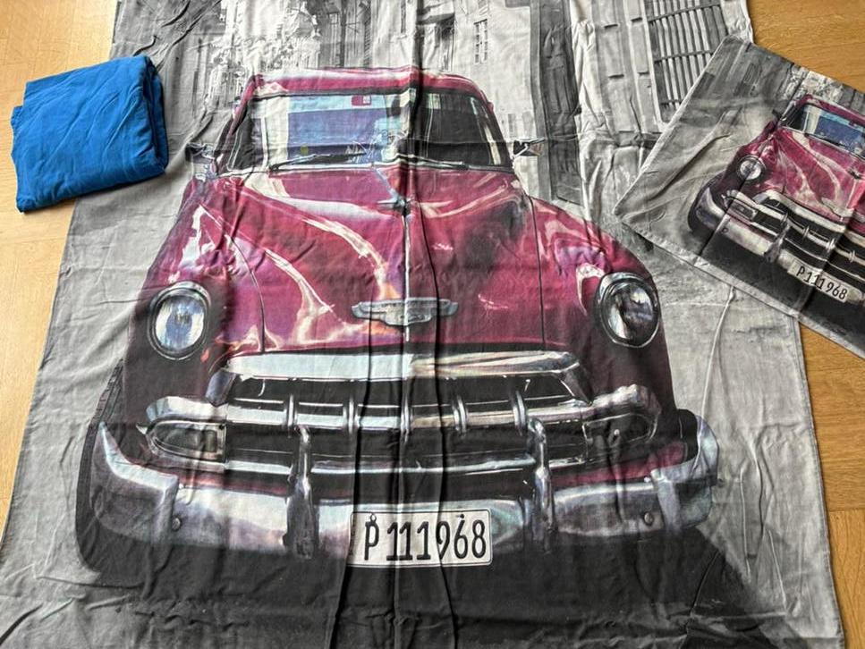 Dekbedovertrek met klassieke auto print, Eenpersoons, Dekbedovertrek, Ophalen of Verzenden, Zo goed als nieuw