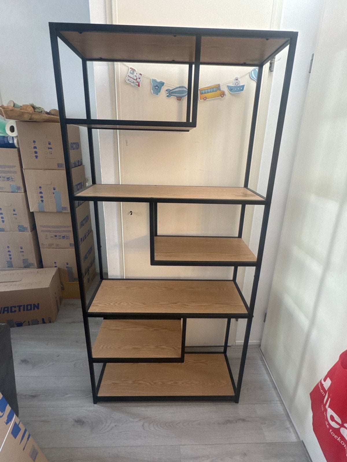 Industriële boekenkast/stellingkast met houten planken, Ophalen, Met plank(en), Gebruikt, 50 tot 100 cm