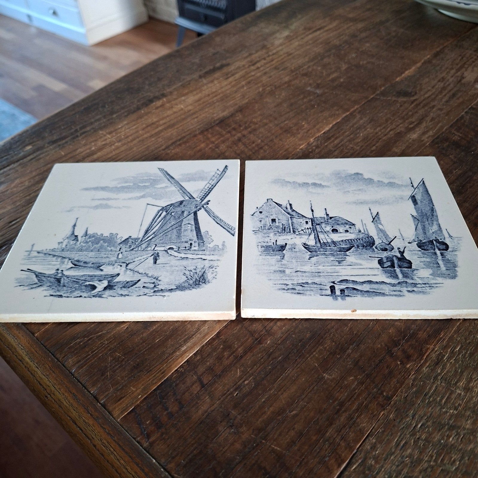 2 Oude Tegels Blauw Molen met Schip en Boten op Water 15 cm, Ophalen of Verzenden