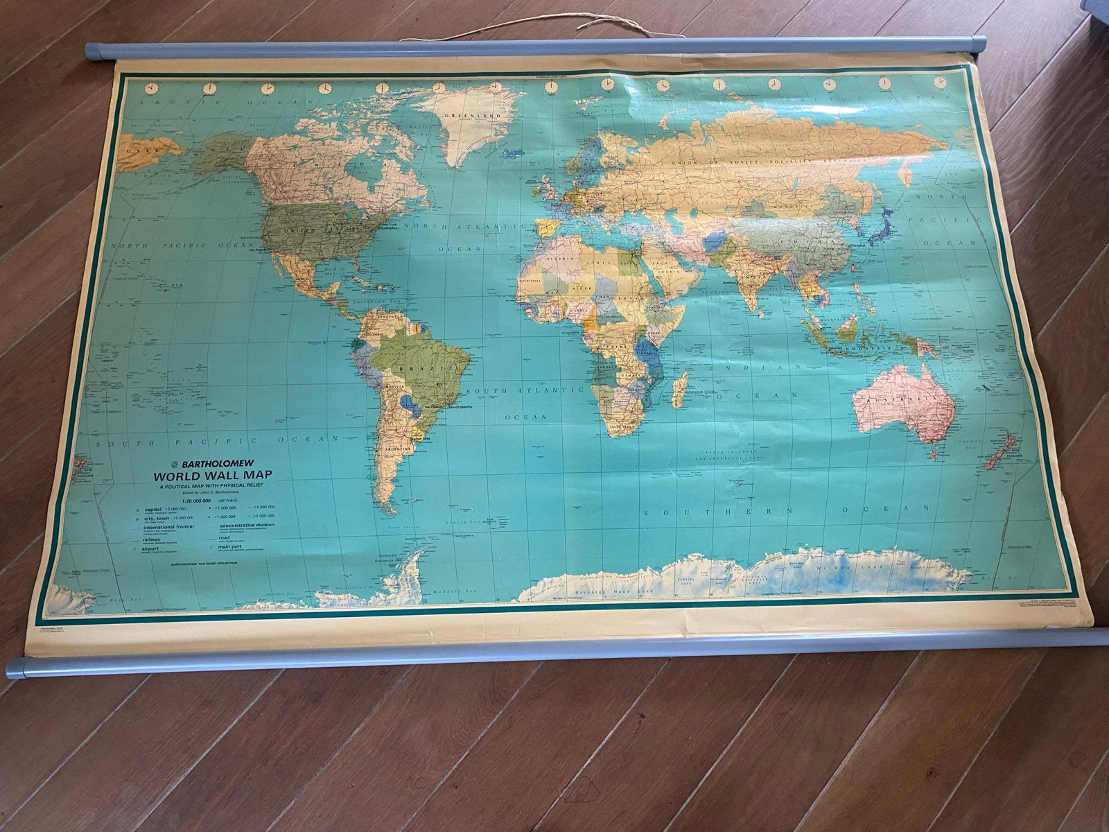 Vintage Bartholomew Wereldkaart - World Wall Map, Landkaart, 1800 tot 2000, Wereld, Ophalen