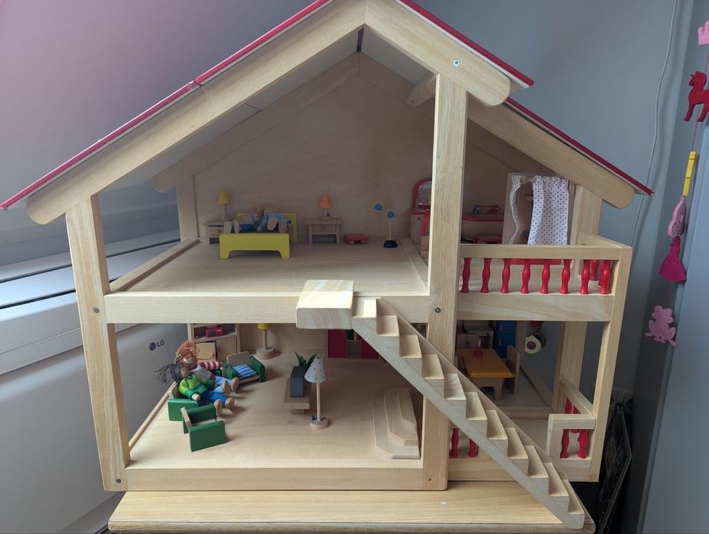 Houten poppenhuis met Goki inrichting, Ophalen, Poppenhuis