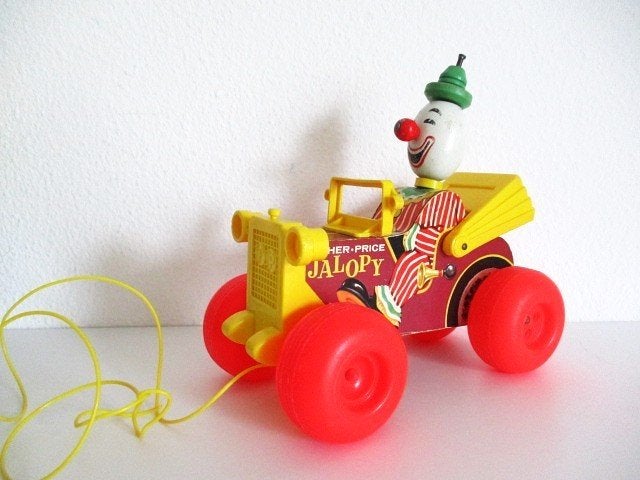 Fisher Price Jalopy trekauto met clown vintage, Ophalen of Verzenden, Gebruikt, Duw- of Trekspeelgoed, Met geluid