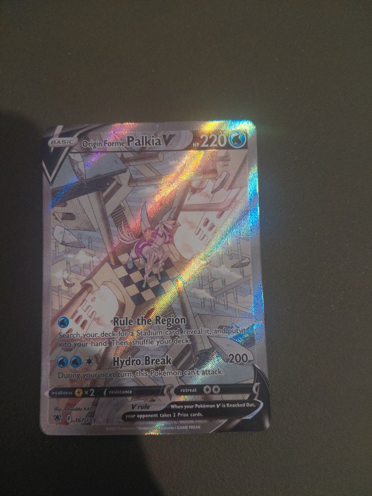 Pokémonkaart Origin Forme Palkia V #167/189 Holofoil, Ophalen of Verzenden, Zo goed als nieuw, Losse kaart, Foil