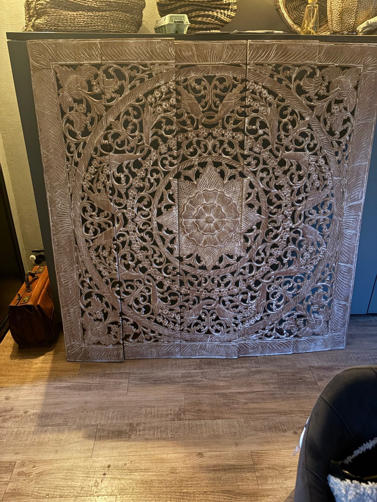 Teak Mandela Wandpaneel 150x150cm in 5 delen, Ophalen, Gebruikt, Oosters, Hout