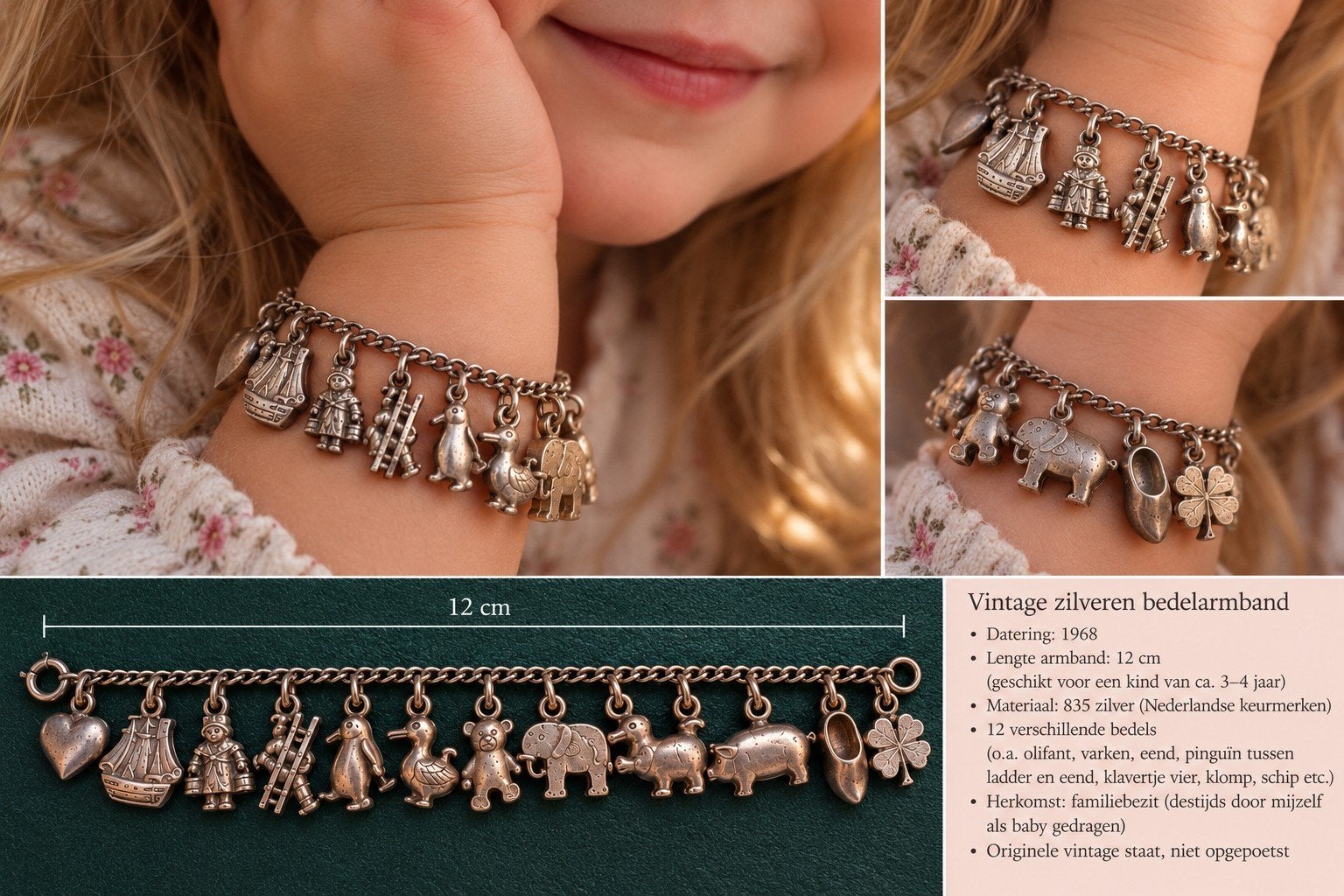 Vintage zilveren kinderbedelarmband 1968 -12 bedels 835 12cm, Gebruikt, Verzenden, Kleiner dan 17, Dame