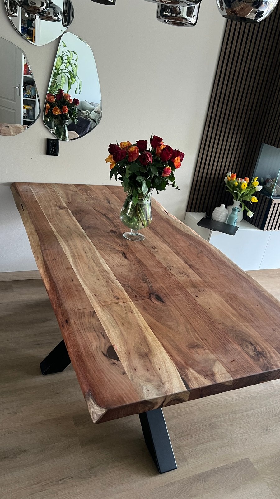 Acacia Trunk Eetkamertafel 200x100x5 cm met Spinpoot, Huis en Inrichting, Ophalen, 200 cm of meer, 50 tot 100 cm, Zo goed als nieuw