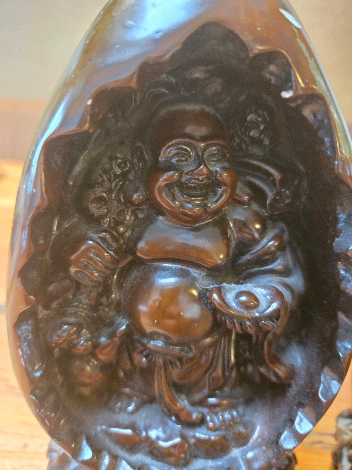 2x Polystone Gesneden Beeldje, Happy Boeddha & Fu Lu Shou., Ophalen of Verzenden, Zo goed als nieuw