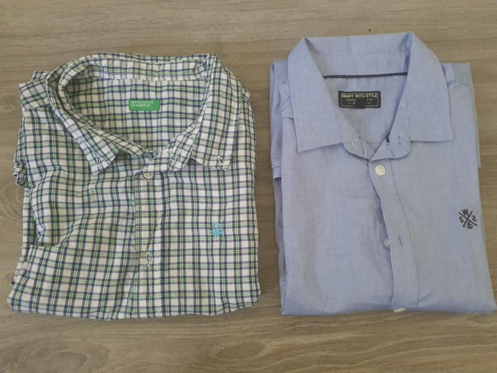 2 jongenOverhemden: Benetton Geruit & Smart With Style Blauw, Kinderen en Baby's, Kinderkleding | Maat 170, Ophalen of Verzenden