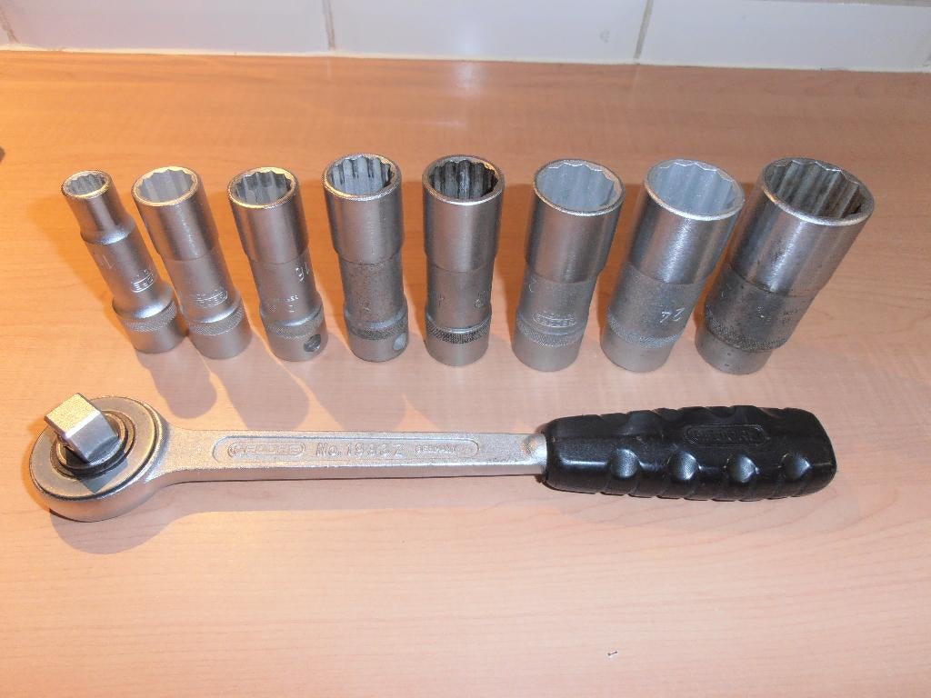 Zgan GEDORE ratel doppen set met extra lange doppen No. D19L, Ophalen of Verzenden, Zo goed als nieuw