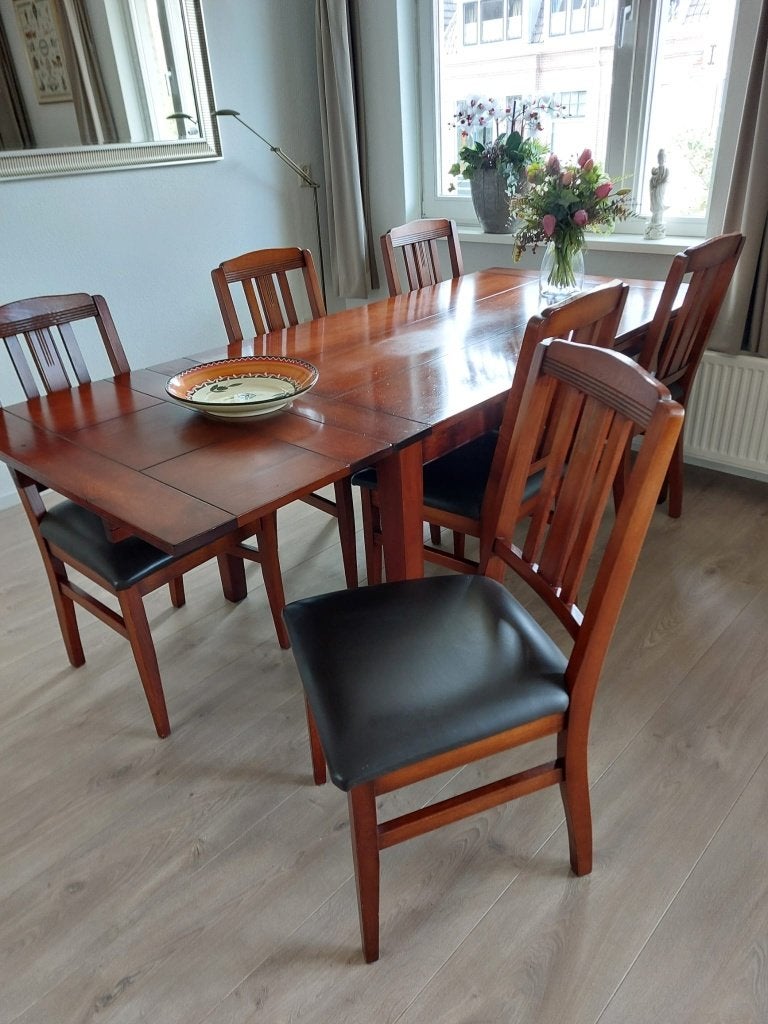 Zes stoelen met leren zitting, Ophalen, Gebruikt, Overige kleuren, Hout