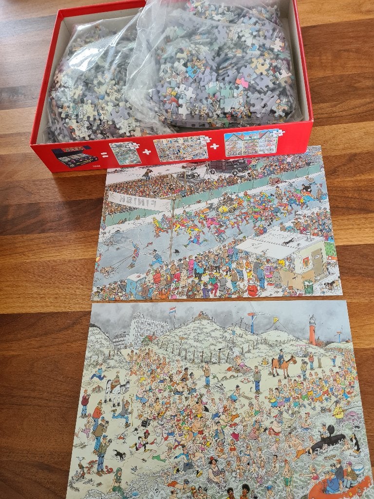 Elfstedentocht en Nieuwjaarsduik in 1 doos. Puzzel., Ophalen of Verzenden, 500 t/m 1500 stukjes, Gebruikt, Legpuzzel