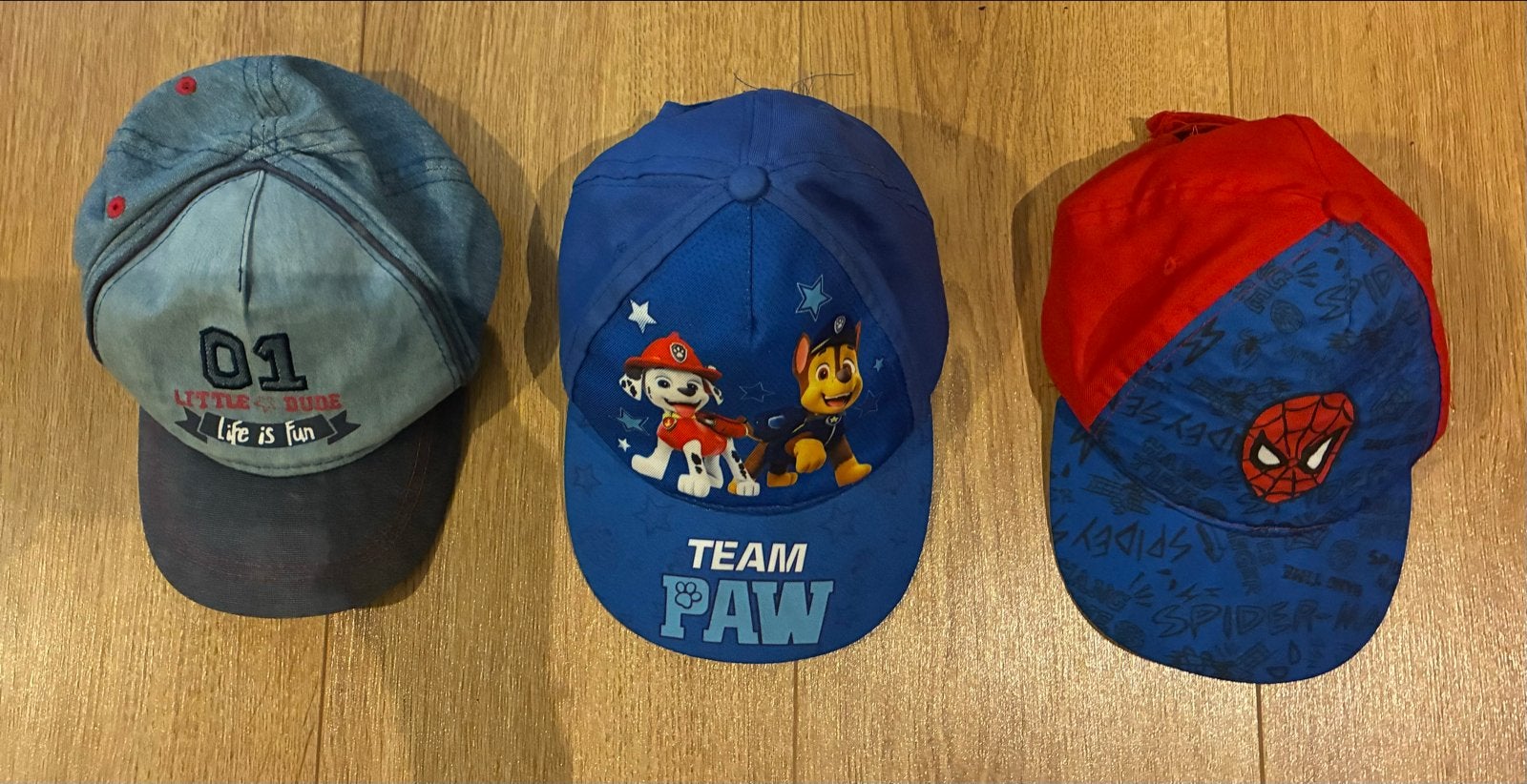 Set van 3 kinderpetten: Paw Patrol, Spiderman en denim, Ophalen, Pet, Jongetje, Gebruikt
