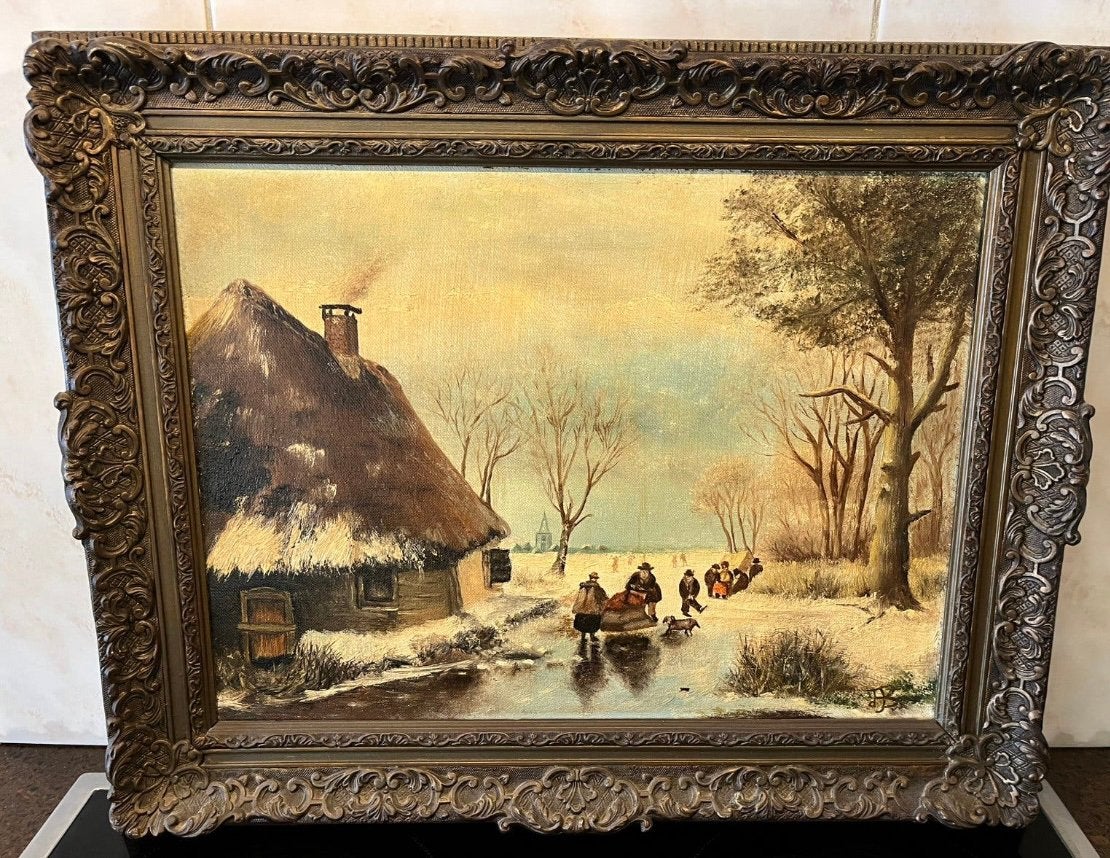 Antiek olieverf winterlandschap schilderij, Ophalen