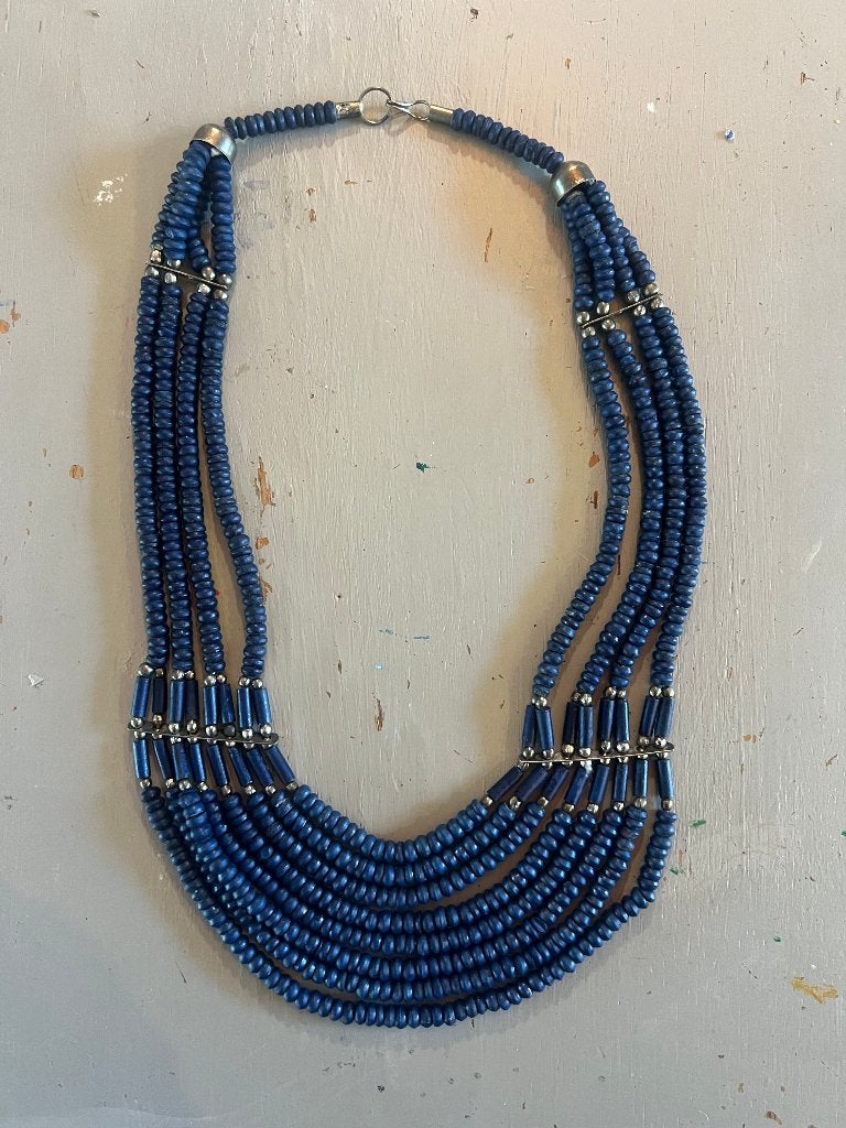 Vintage tribale houten blauw boho ketting verzilverd collier, Blauw, Ophalen of Verzenden, Zo goed als nieuw, Overige materialen