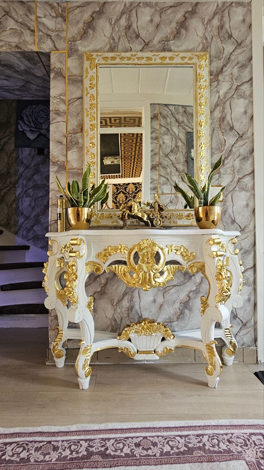 Luxe Console Tafel met Spiegel - Wit en Goud Barok Stijl, 100 tot 150 cm, Ophalen of Verzenden, Zo goed als nieuw, 75 tot 100 cm