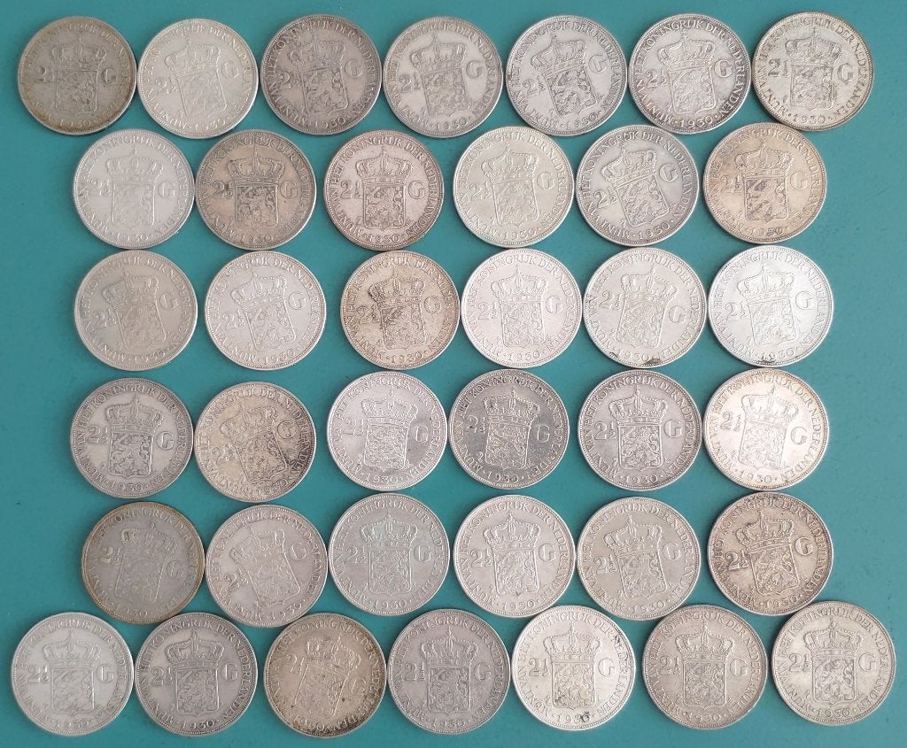 38 zilveren rijksdaalders Wilhelmina 1930 riksen NLG 2,50, Ophalen, Koningin Wilhelmina, 2½ gulden, Zilver