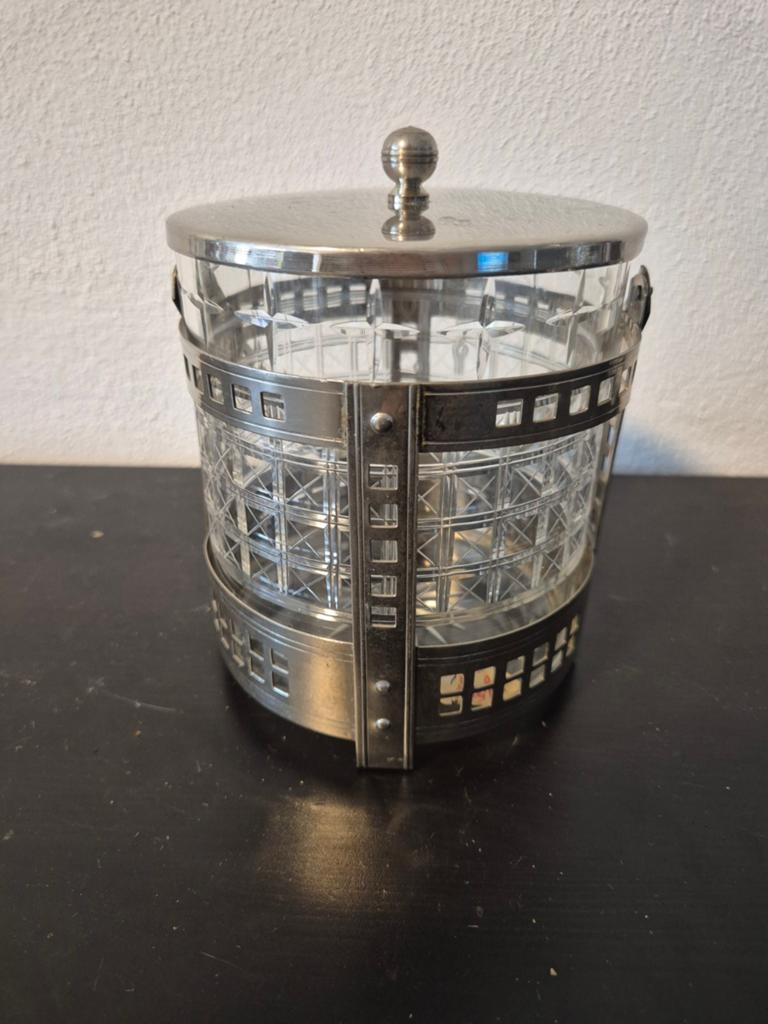 Antieke Glazen Pot met Metalen Houder en Deksel, Ophalen of Verzenden