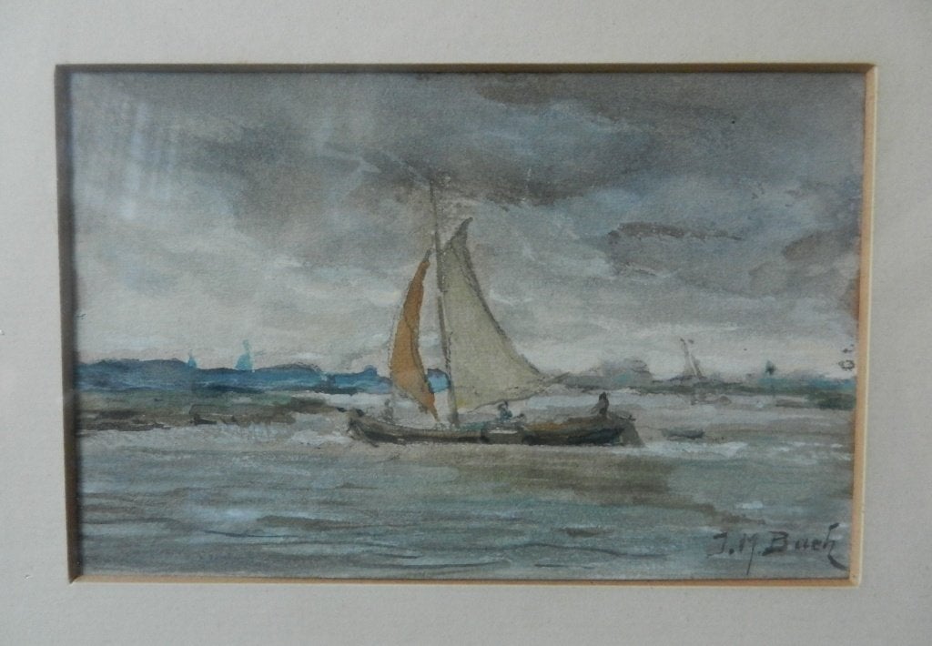 Aquarel Zeilboot op rivier door J.M. Bach 1866-1943 8,4x13,7, Ophalen of Verzenden, Schilderij, Aquarel, Handgemaakt