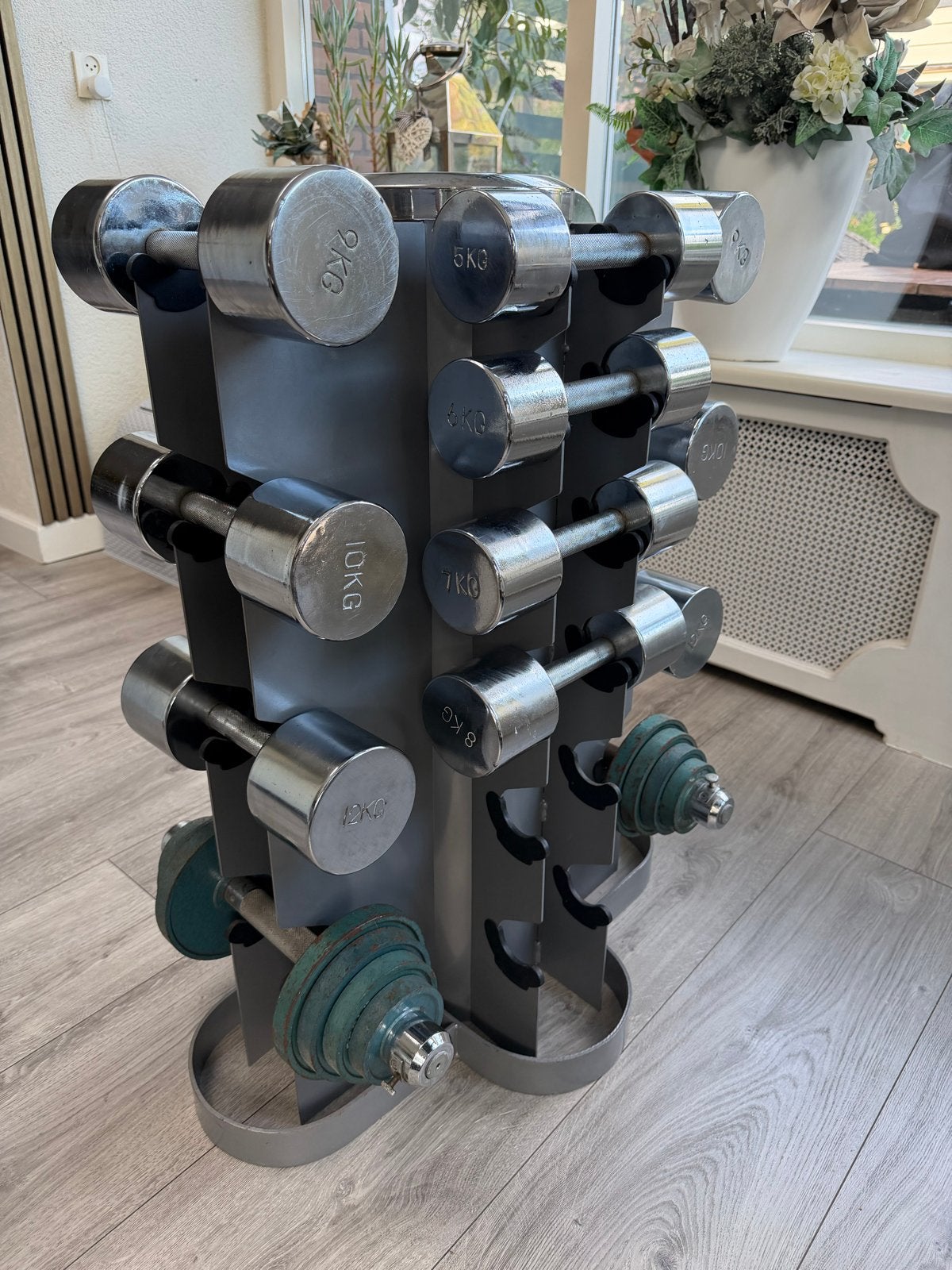 Lifemaxx Tunturi dumbbell toren met div. chromen gewichten, Sport en Fitness, Ophalen, Zo goed als nieuw, Benen, Dumbbell