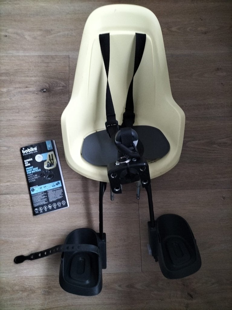 Bobike Go Mini fietszitje (voor), Fietsen en Brommers, Fietsaccessoires | Fietsstoeltjes, Gebruikt, Voorzitje, 9 t/m 18 kg, Voetsteuntjes