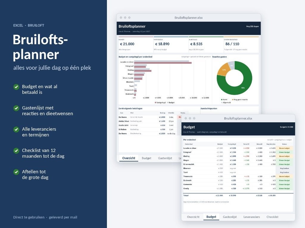Bruiloftsplanner in Excel – budget, gasten, checklist, Computers en Software, Verzenden, Nieuw