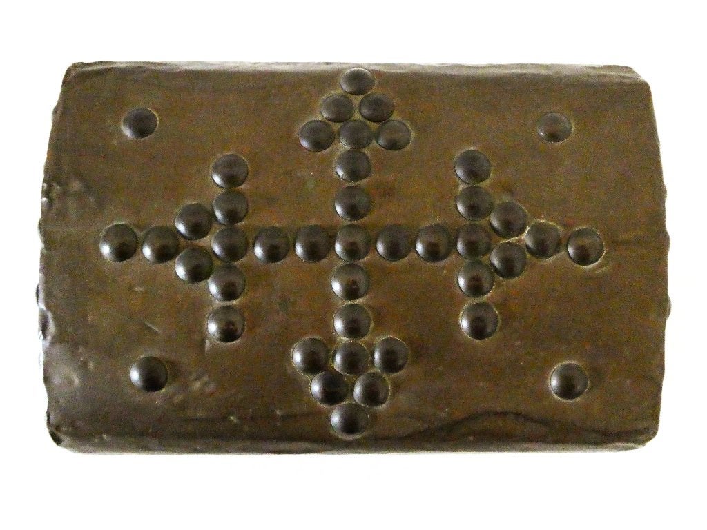 Antiek houten kistje / sieradenkistje messing bekleed nagels, Ophalen of Verzenden