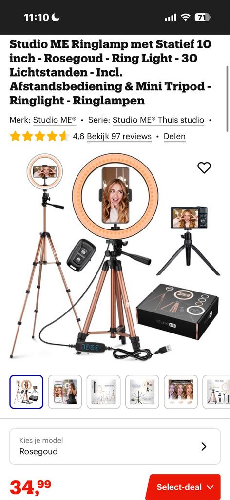 Studio ME Ringlamp met Statief 10 inch - Rosegoud, !, !, Zo goed als nieuw, Minder dan 150 cm