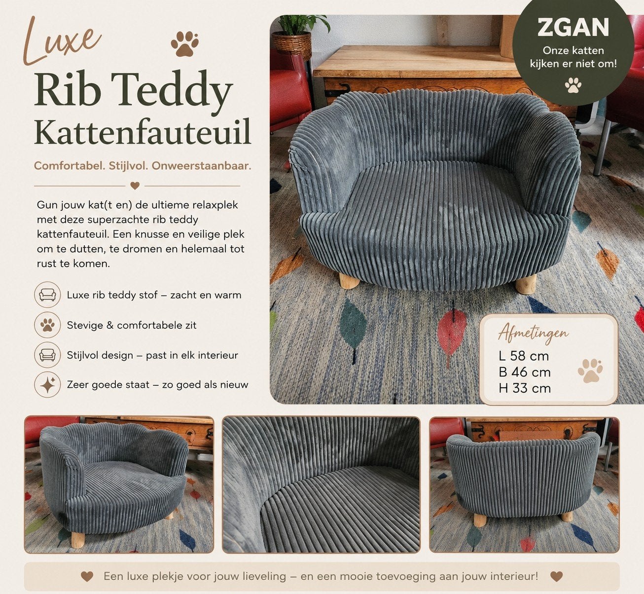 Luxe rib teddy kattenfauteuil (ZGAN), Ophalen of Verzenden, Zo goed als nieuw