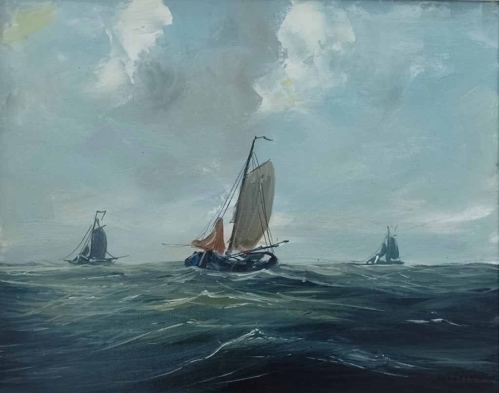 Jan Kelderman "Drie botters", Maritiem / water, Doek, Impressionistisch, Olieverf