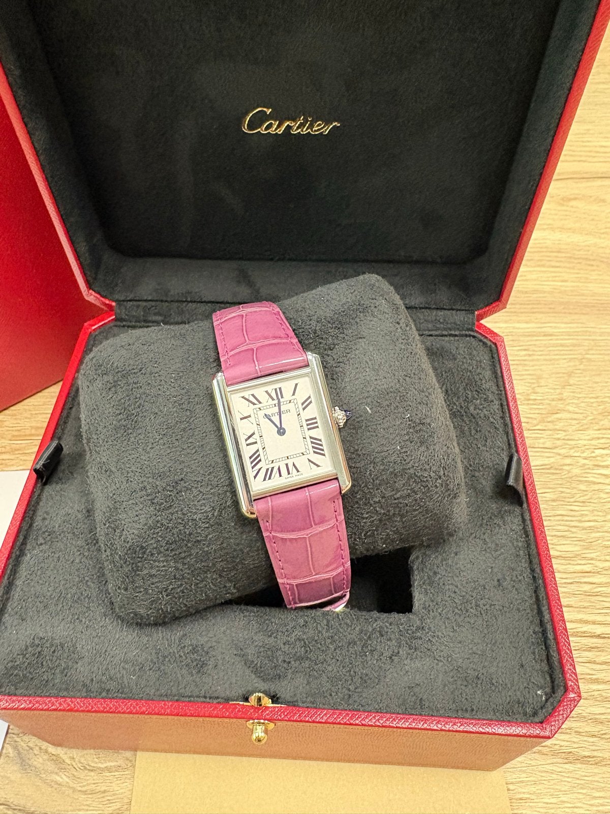 Cartier Tank - paarse alligator band, Overige merken, Leer, Staal, Polshorloge