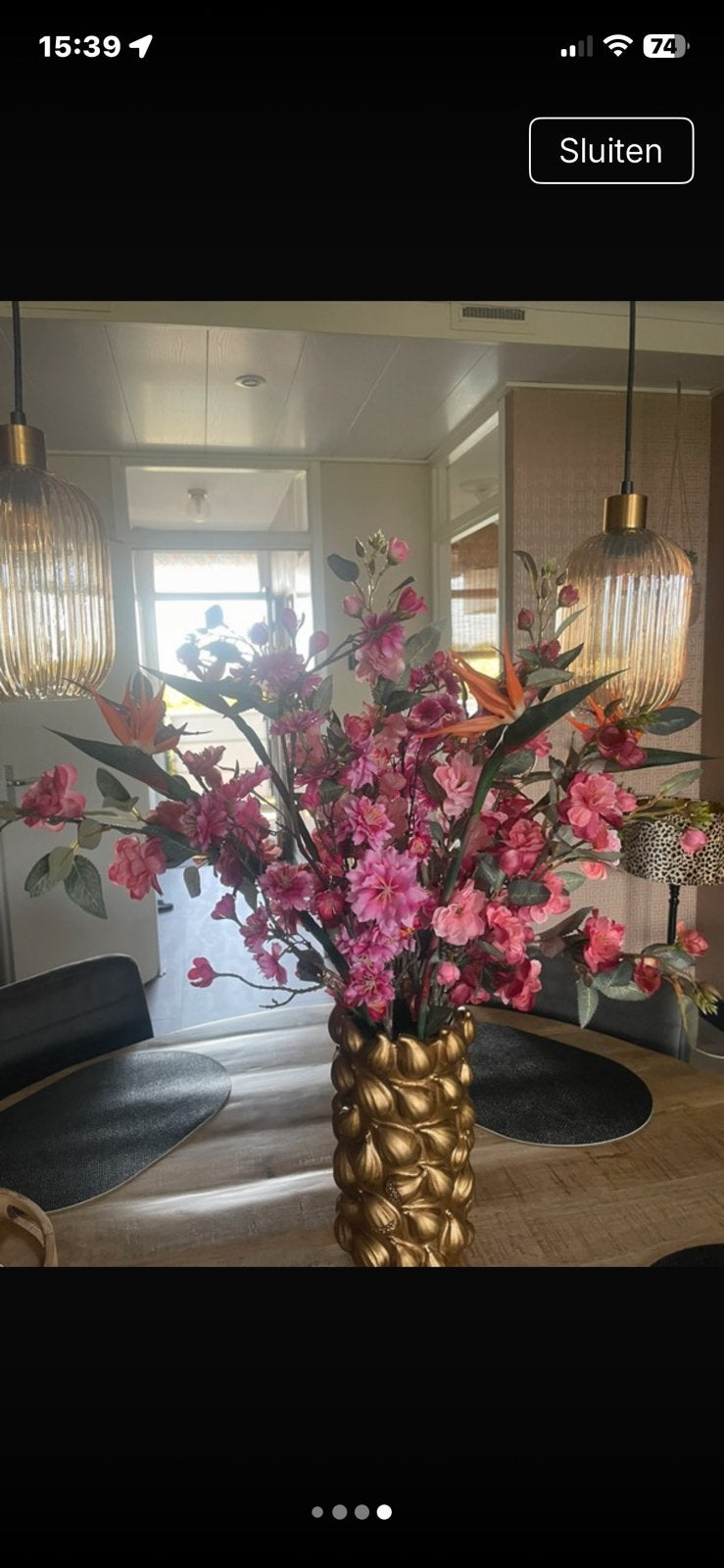 Gouden vijgenvaas met japanse zijdenbloemen, Huis en Inrichting, Ophalen of Verzenden, Zo goed als nieuw