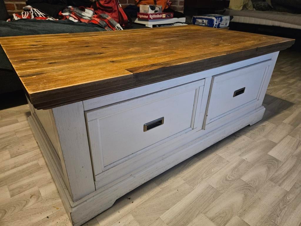 Robuuste salontafel met lades - Landelijke stijl, Huis en Inrichting, Tafels | Salontafels, Ophalen, Gebruikt, 100 tot 150 cm