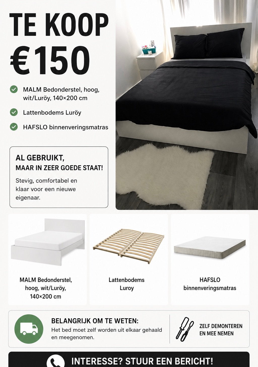 IKEA MALM Bed 140x200, Ophalen, Wit, Tweepersoons, 140 cm