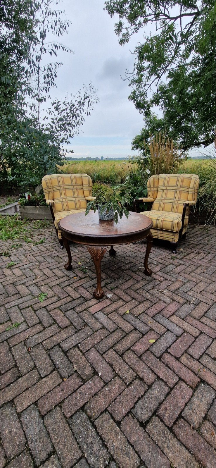 Leuke antieke tafel met 2 stoelen, Ophalen, Gebruikt, 50 tot 100 cm, Rond