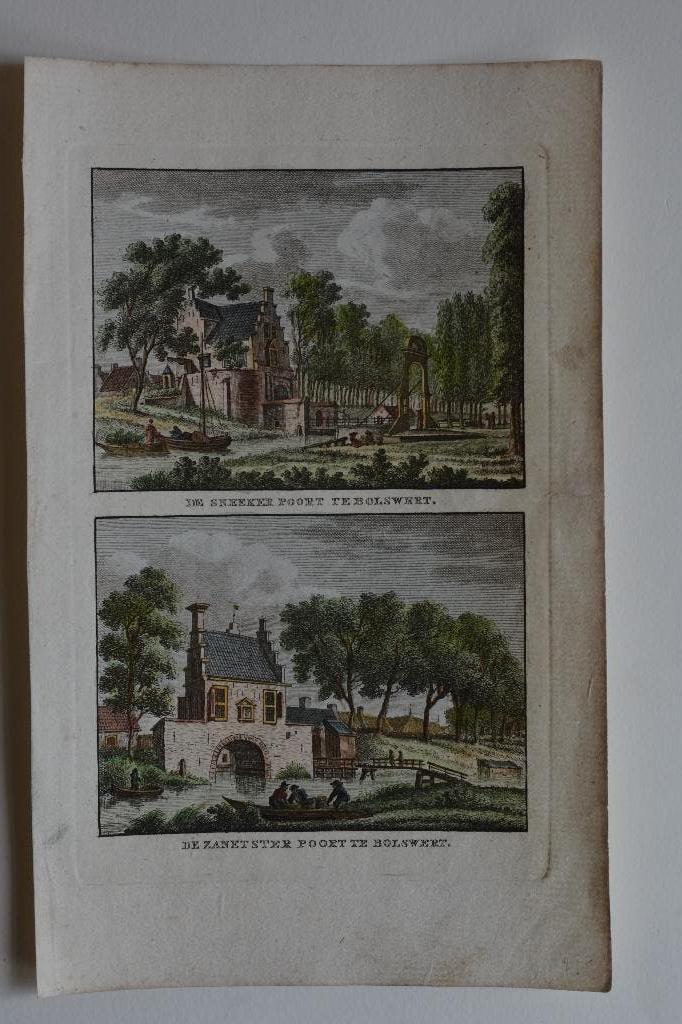 BOLSWARD 2 gravures 1792 blad SNEKER- + ZENETSTER POORT GV6, Antiek en Kunst, Verzenden, Stadsgezicht, Met tekst, Gravure