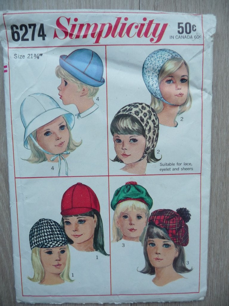 vintage Simplicity naaipatroon 6274 hoeden, petten en mutsen, Overige merken, Kind, Muts, Sjaal, of Wanten, Ophalen of Verzenden