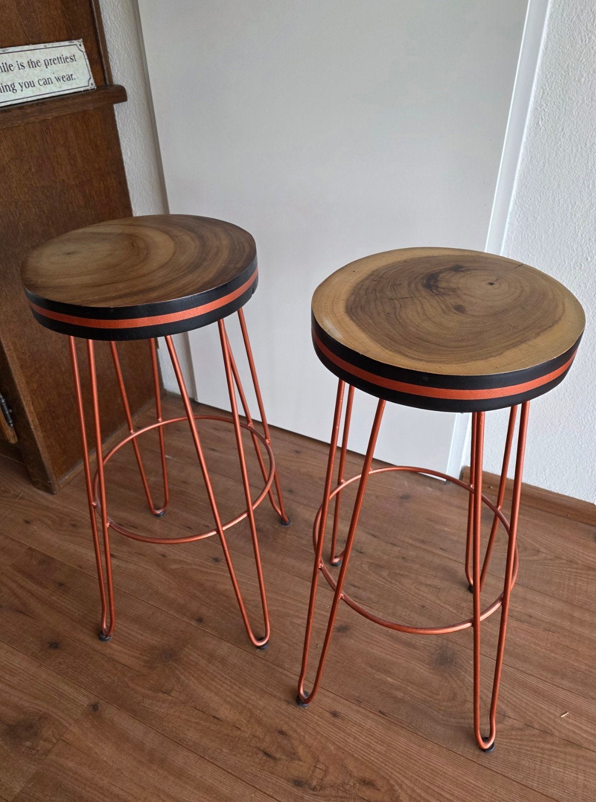 Set van 2 industriële barkrukken met houten zitting, Ophalen, Gebruikt, 90 cm of meer, Hout
