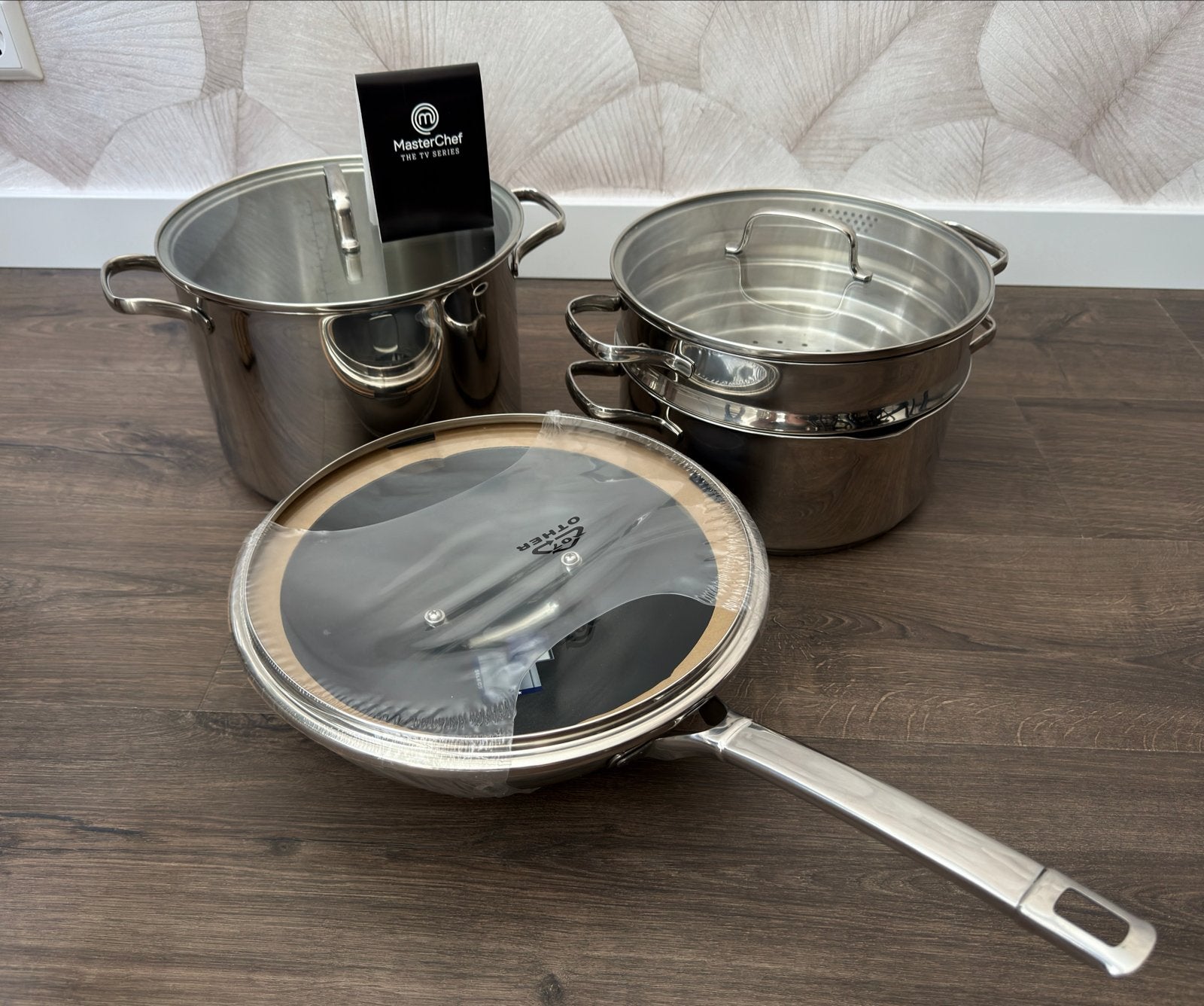 Pannenset: Wok, Soeppan, Kookpan, Stomer - MasterChef, Huis en Inrichting, Met deksel, Pannenset, Ophalen of Verzenden, Zo goed als nieuw