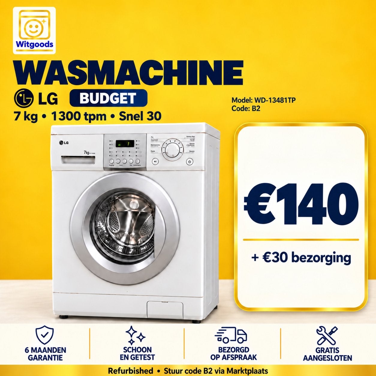 BUDGETTOPPER! LG 7KG WASMACHINE | 6 MND GARANTIE, Gebruikt, Minder dan 85 cm, 1186DM, Energieklasse A of zuiniger
