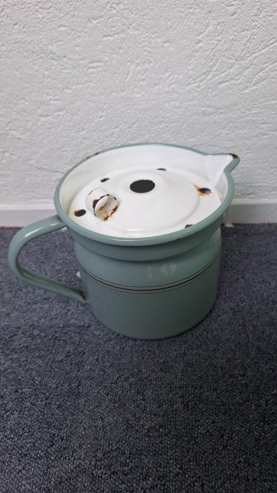 Vintage geëmailleerde potten en kan - Lichtgroen met goud, Antiek en Kunst, Ophalen of Verzenden