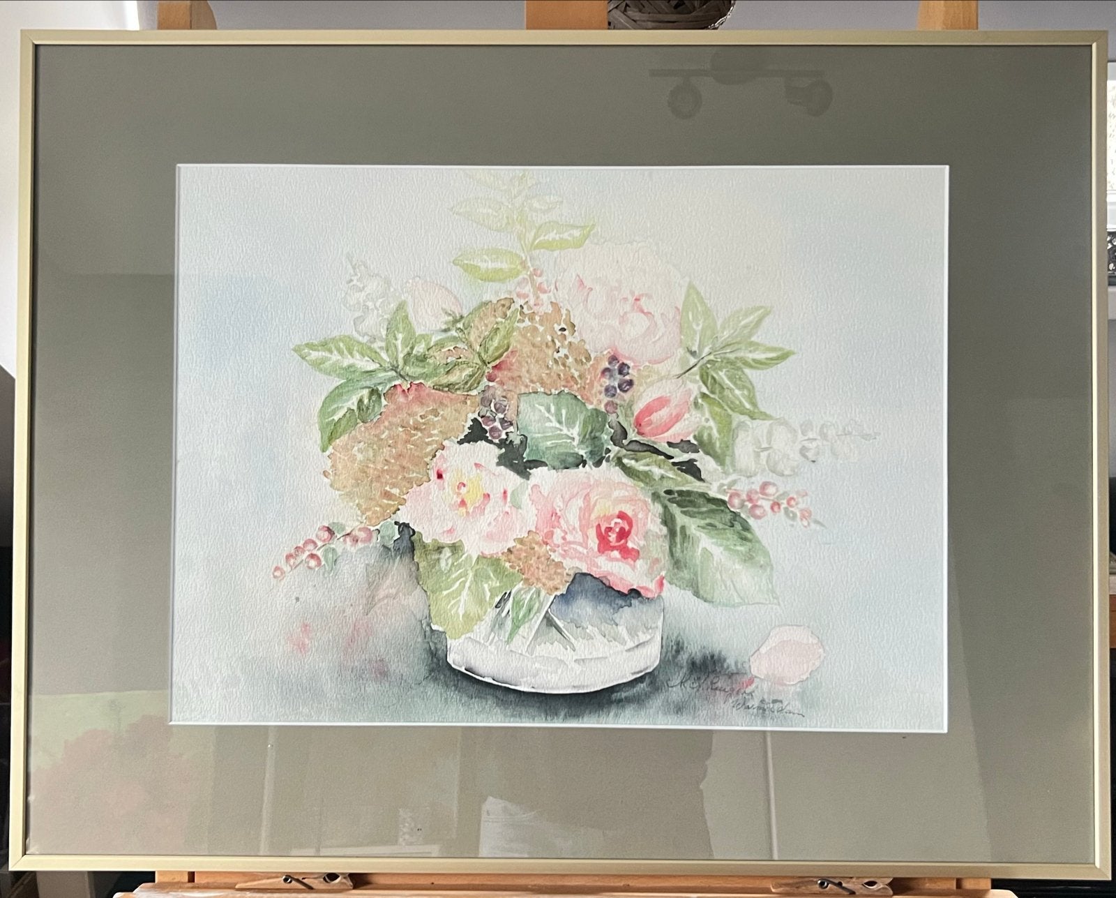 Aquarel Bloemenstilleven in Lijst, Realistisch, Gesigneerd, Aquarel, Papier