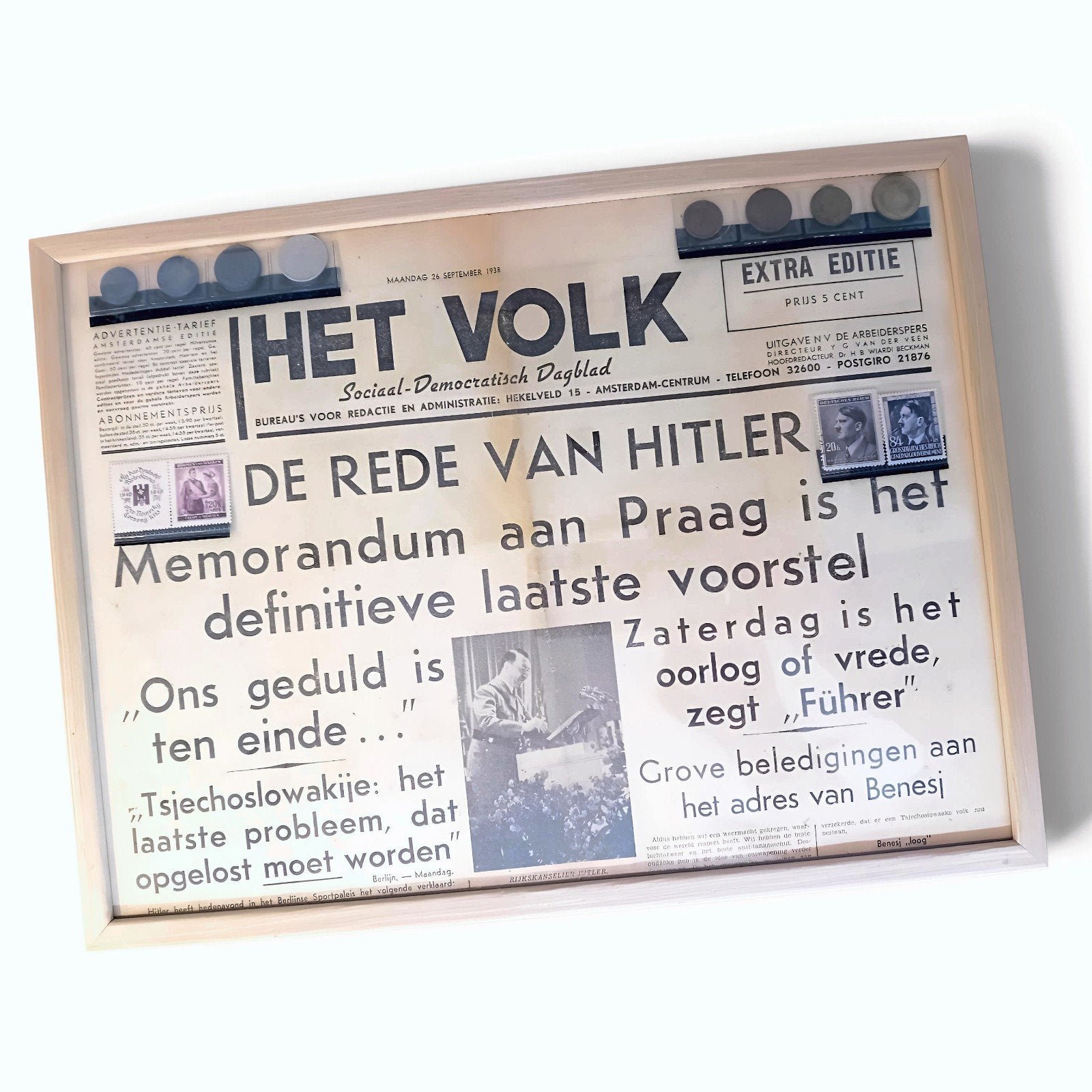 WO2 Lijst Het Volk Krant 1938 Reichspfennig Munten Zegels, Ophalen of Verzenden, Landmacht, Duitsland, Foto of Poster