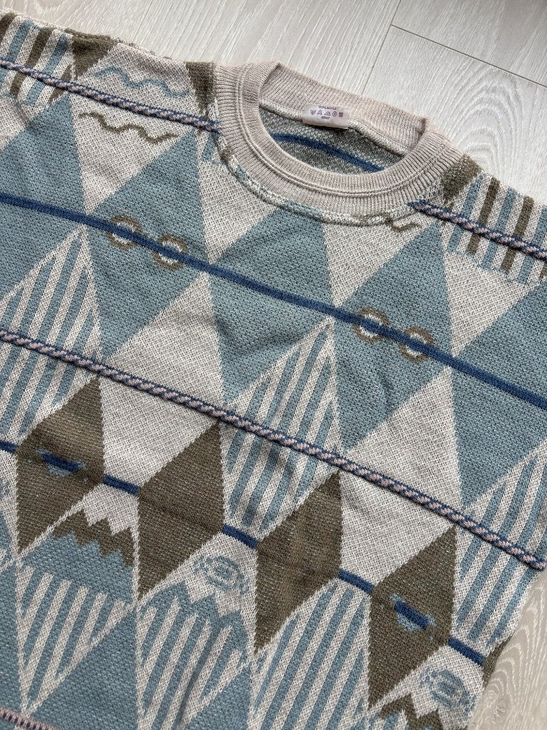Vintage Gebreide Trui Lichtblauw Ruiten S-M, ., Vintage, Ophalen of Verzenden, Zo goed als nieuw