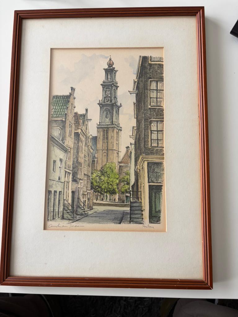 Amsterdamse gracht met Westertoren - Gesigneerde ets, Ets, Stadsgezicht, Ophalen of Verzenden, Gesigneerd