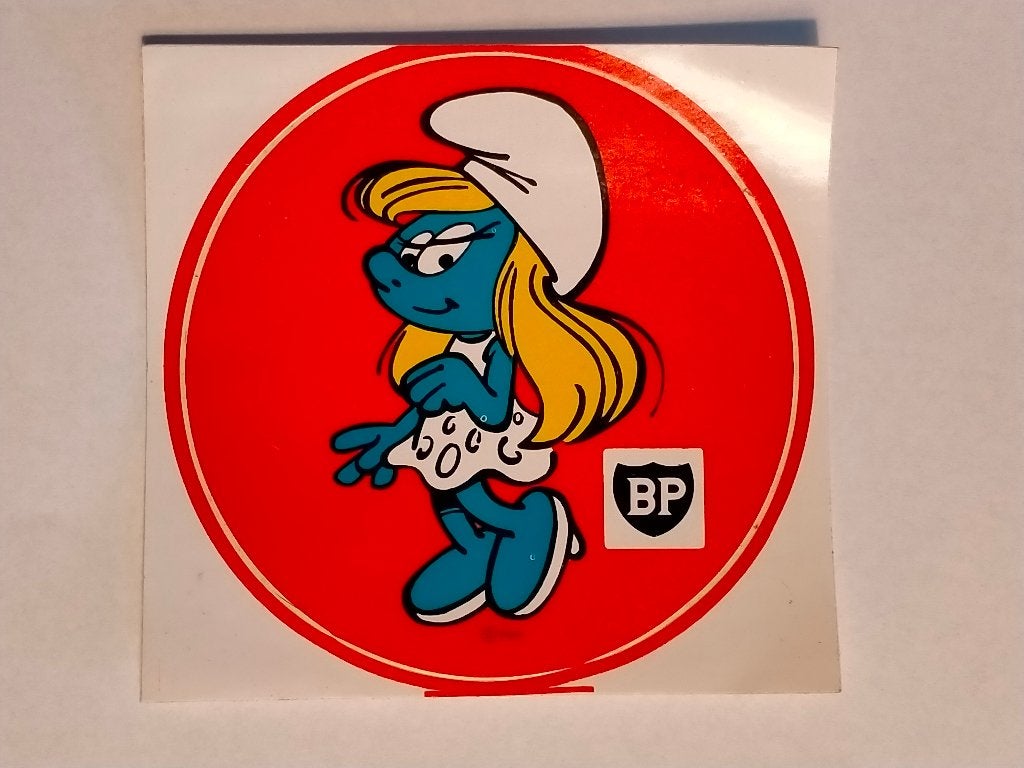 Smurfen smurf vintage BP tankstation sticker smurfin, Verzenden, Gebruikt, Strip of Tekenfilm